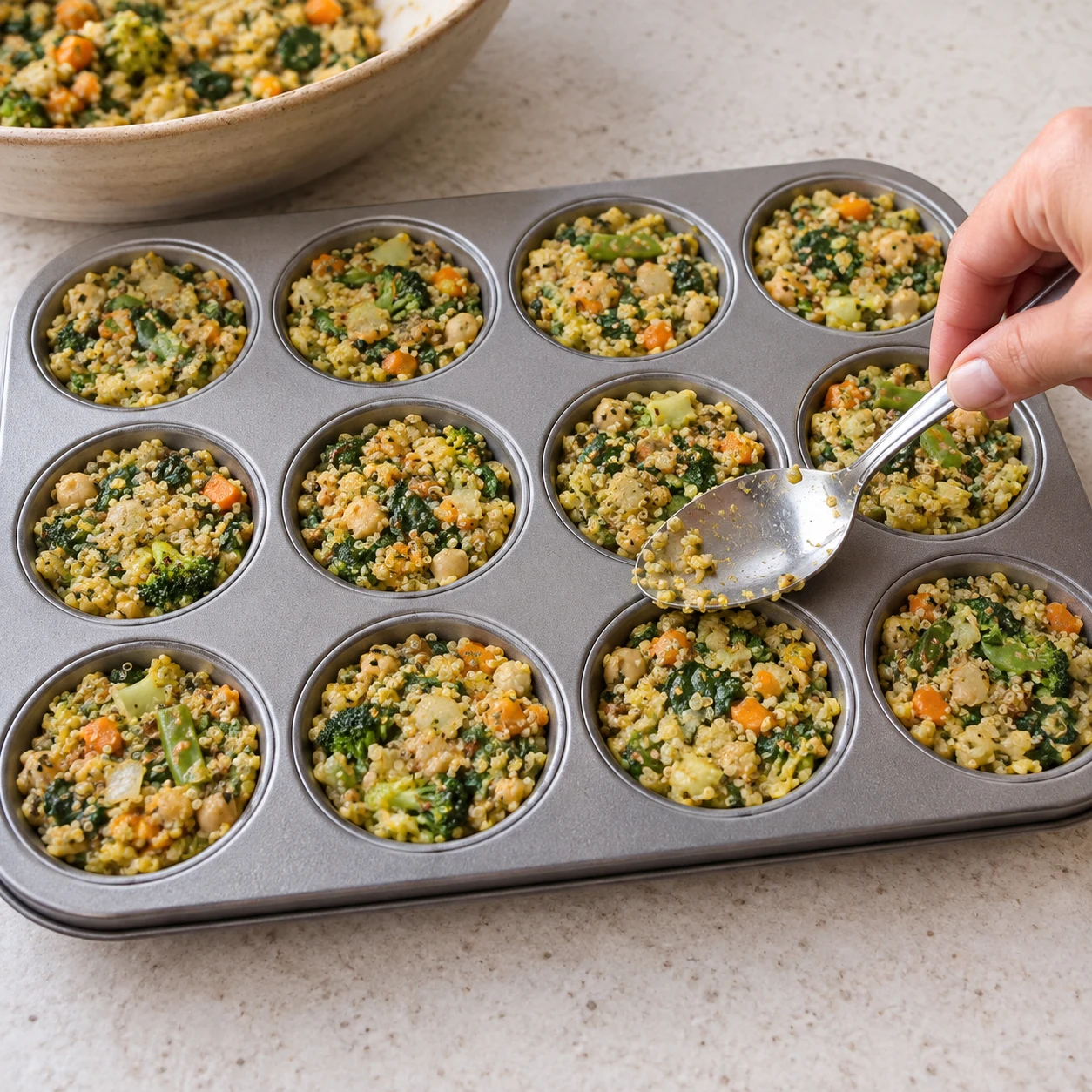 Main anonyme tassant avec une cuillère un muffin de quinoa et légumes dans une plaque à muffins, mélange cru lié sans œuf.