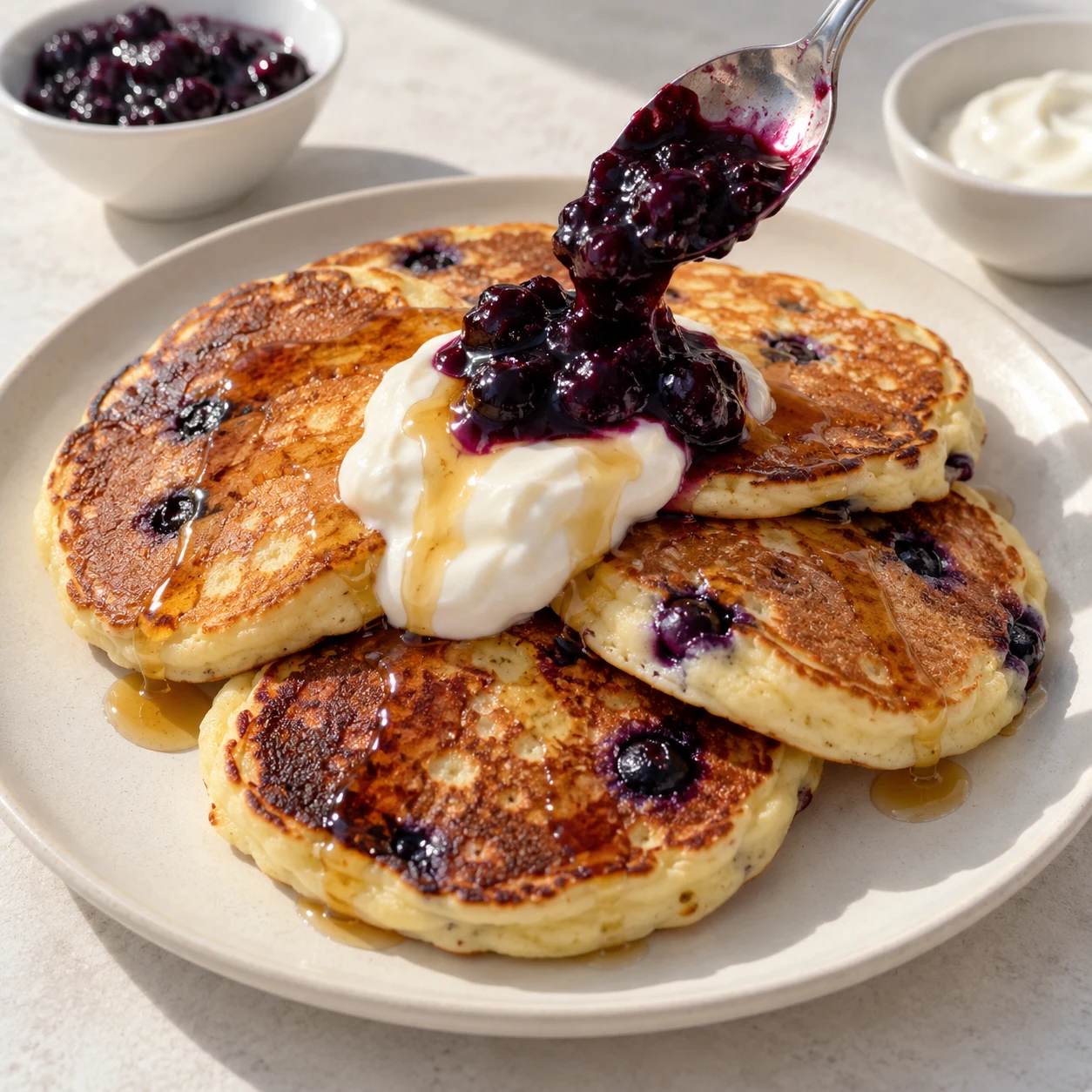 Assiette de pancakes épais dorés aux myrtilles, cuillerée de yaourt de soja, confiture violette avec fruits et mince filet de sirop d’érable.