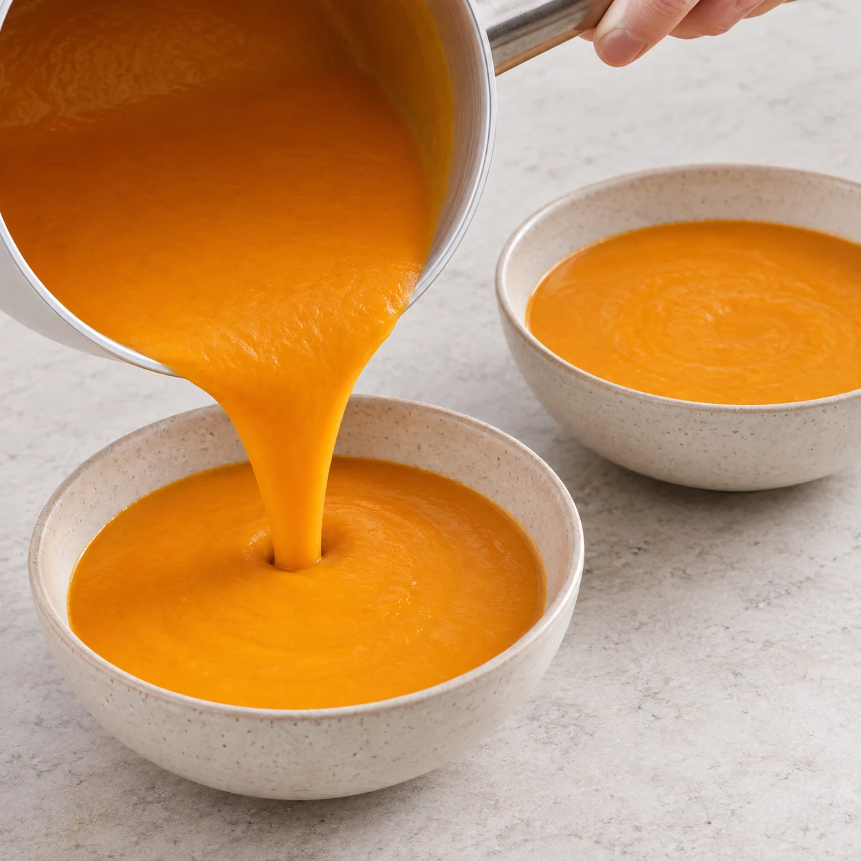 Verser la soupe dans les bols : Les deux bols contiennent leur portion de soupe chaude.