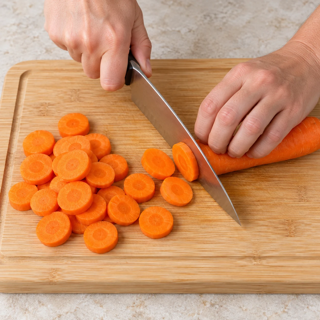 Coupe les carottes en rondelles sur une planche stable, doigts repliés. État à montrer : Les carottes sont en rondelles régulières.