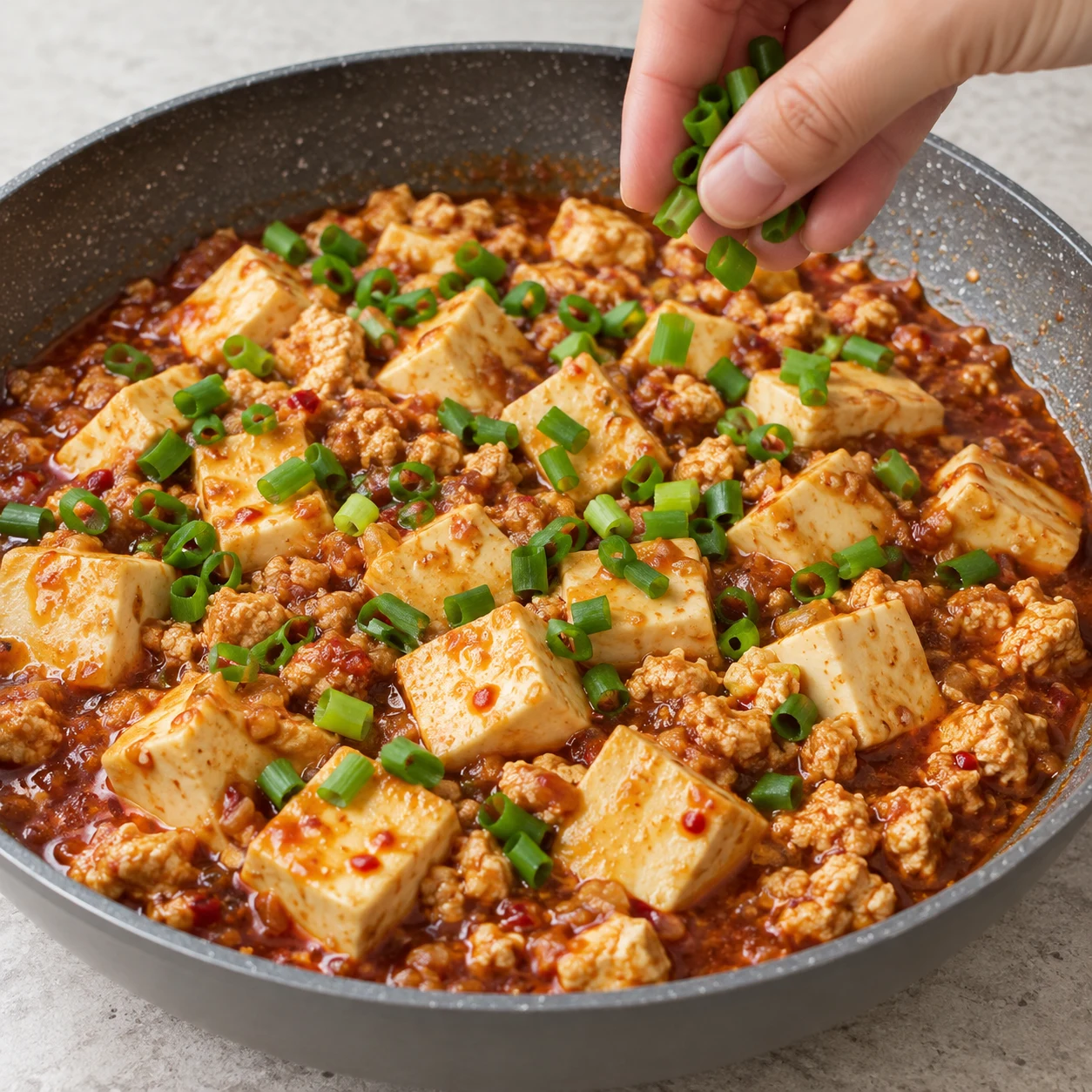 Parsème le tofu en sauce de vert d’oignon. Sers ce plat en deux portions sans riz, selon la quantité annoncée par la source. Une seule phase, sans texte ni personne identifiable. Pour la variante, montrer du tofu émietté et jamais des granulés secs, du doubanjiang ou des baies de Sichuan.