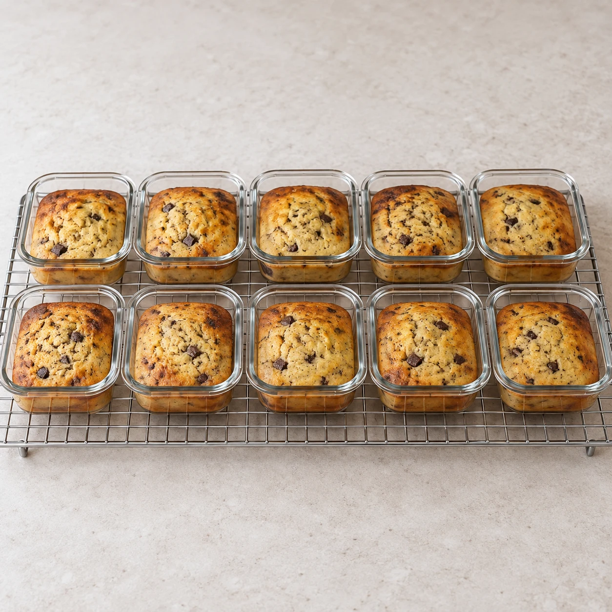 Petits cakes individuels dorés, refroidissant dans des moules carrés en verre, sans mains ni décoration.