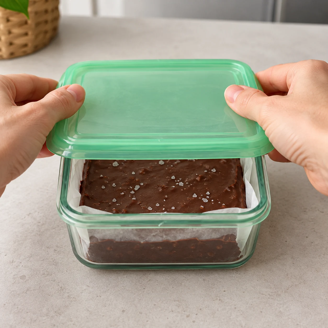Une main ferme la boîte contenant le fudge chocolat-cacahuète et ses quelques cristaux de fleur de sel.