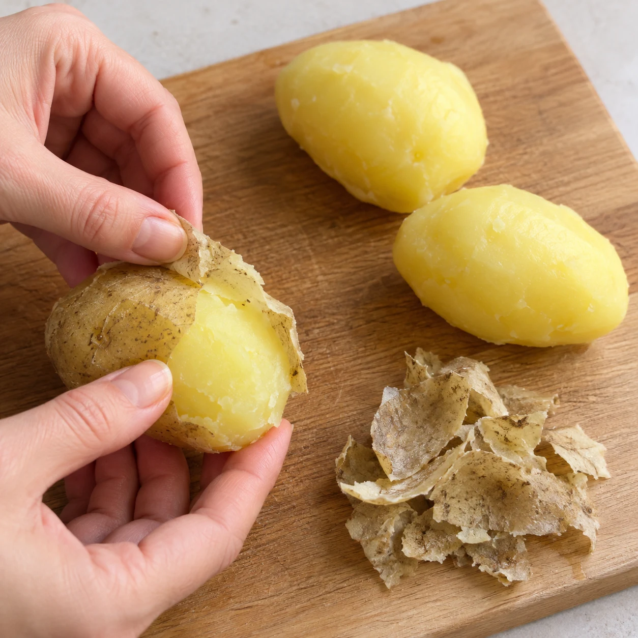 Mains anonymes retirant la peau d’une pomme de terre cuite.