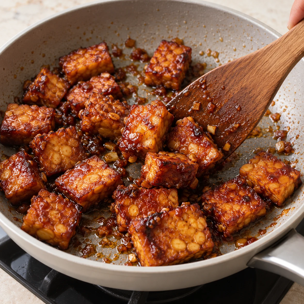 Spatule remuant des cubes de tempeh dorés et laqués brun rougeâtre dans une poêle; graines de soja visibles; pas de riz ni garniture.