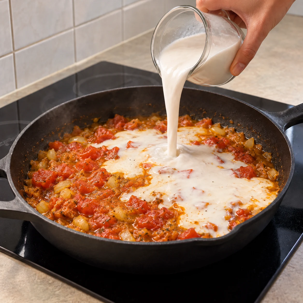 Verse les 400 ml de lait de coco dans la poêle. Le résultat visuel : Le lait de coco forme une couche claire sur les tomates.