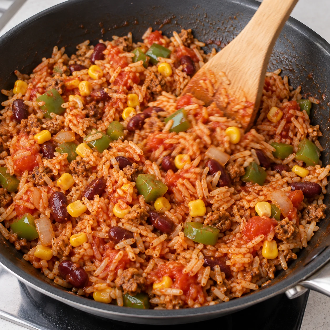 Riz mexicain mélangé dans la poêle, grains distincts rouge orangé.