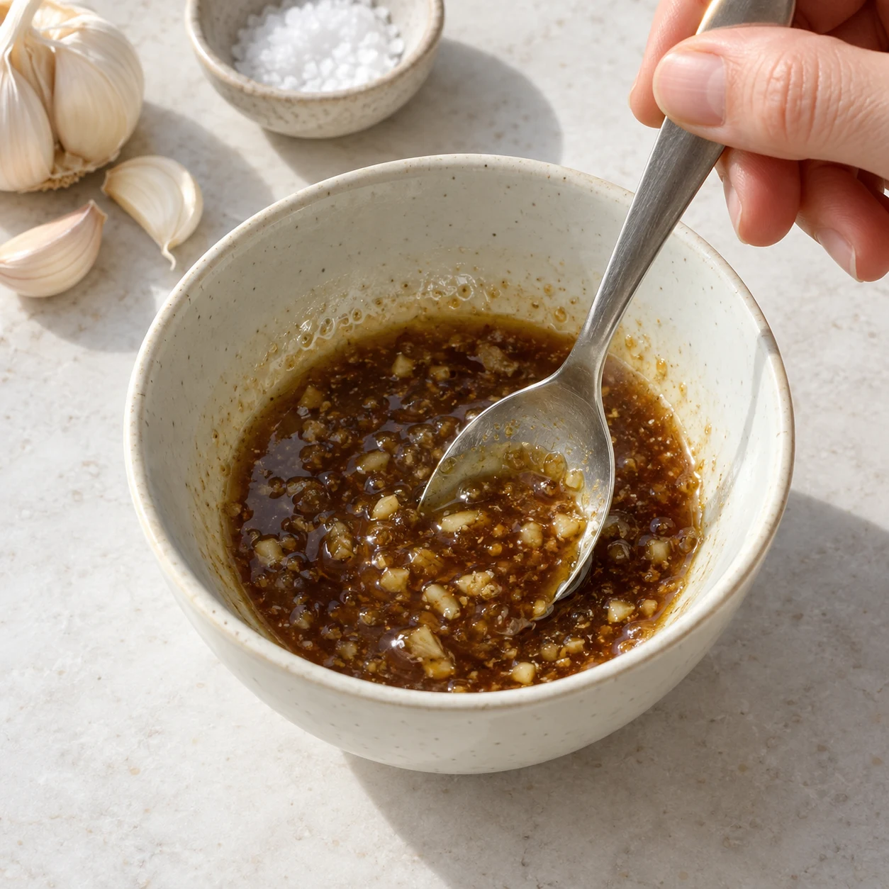 Mélanger une marinade brune de margarine végétale de cuisson fondue, vinaigre balsamique, ail écrasé et sel dans un petit bol neutre.