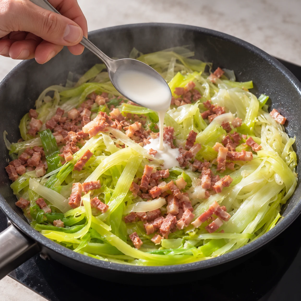 Poireaux et lardons végétaux légèrement enrobés de crème beige clair dans la poêle.