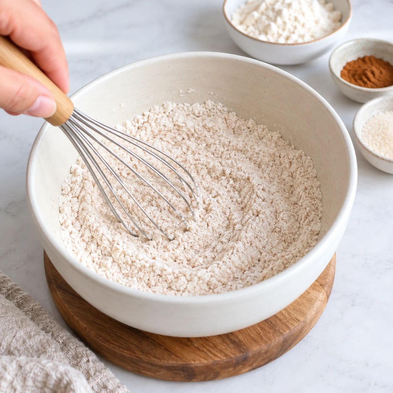Fouet dans un saladier contenant uniquement un mélange sec de farine, bicarbonate et éventuellement cannelle et sucre. Aucun liquide ni carotte dans ce saladier.