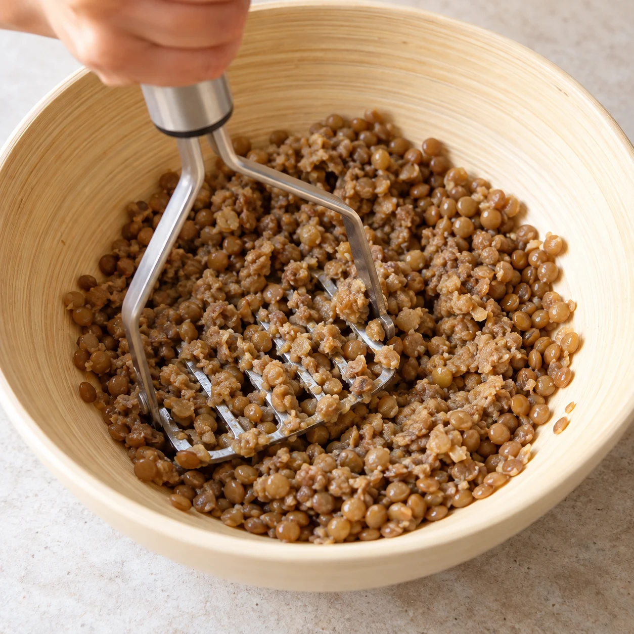 Presse-purée écrasant des lentilles brunes dans un bol.