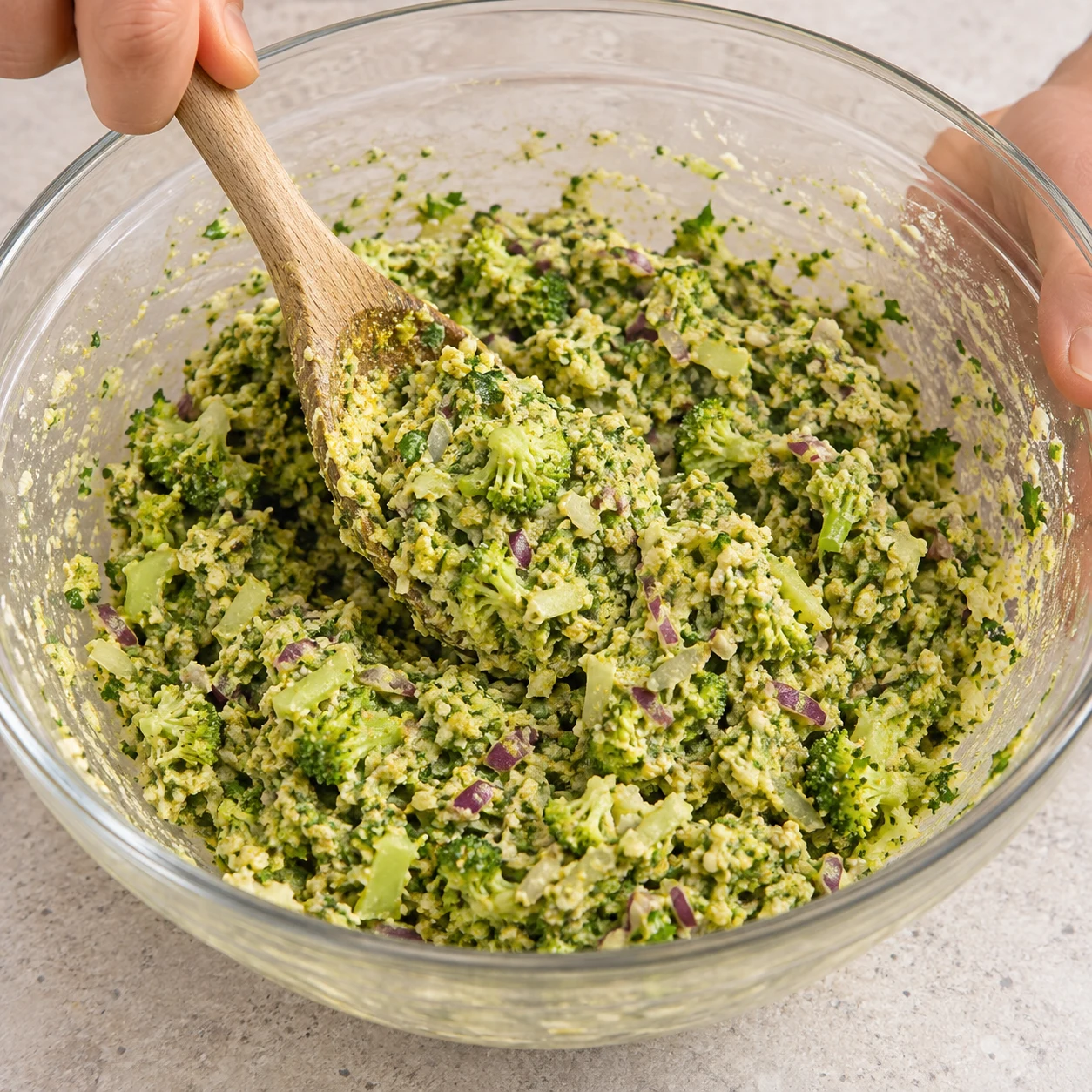 Cuillère mélangeant une pâte verte humide et grumeleuse, brocoli et oignon rouge visibles, sans huile.