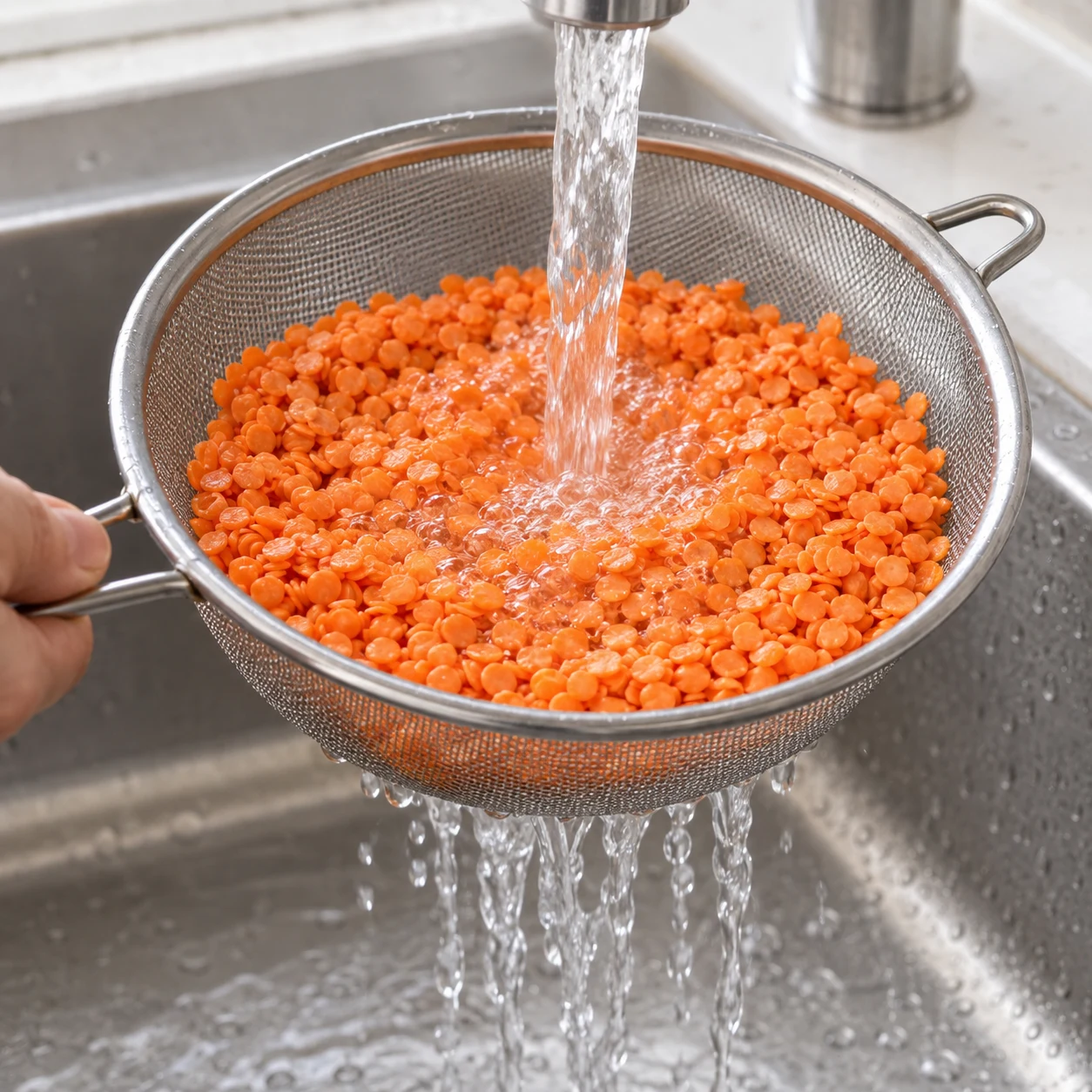 Une seule photo réaliste montrant cette action et son résultat : Rincez les 250 g de lentilles corail dans une passoire fine sous l’eau. L’eau s’écoule à travers les lentilles rincées. Seulement les ingrédients visibles de cette étape. Mains adultes anonymes si nécessaires, geste sûr.