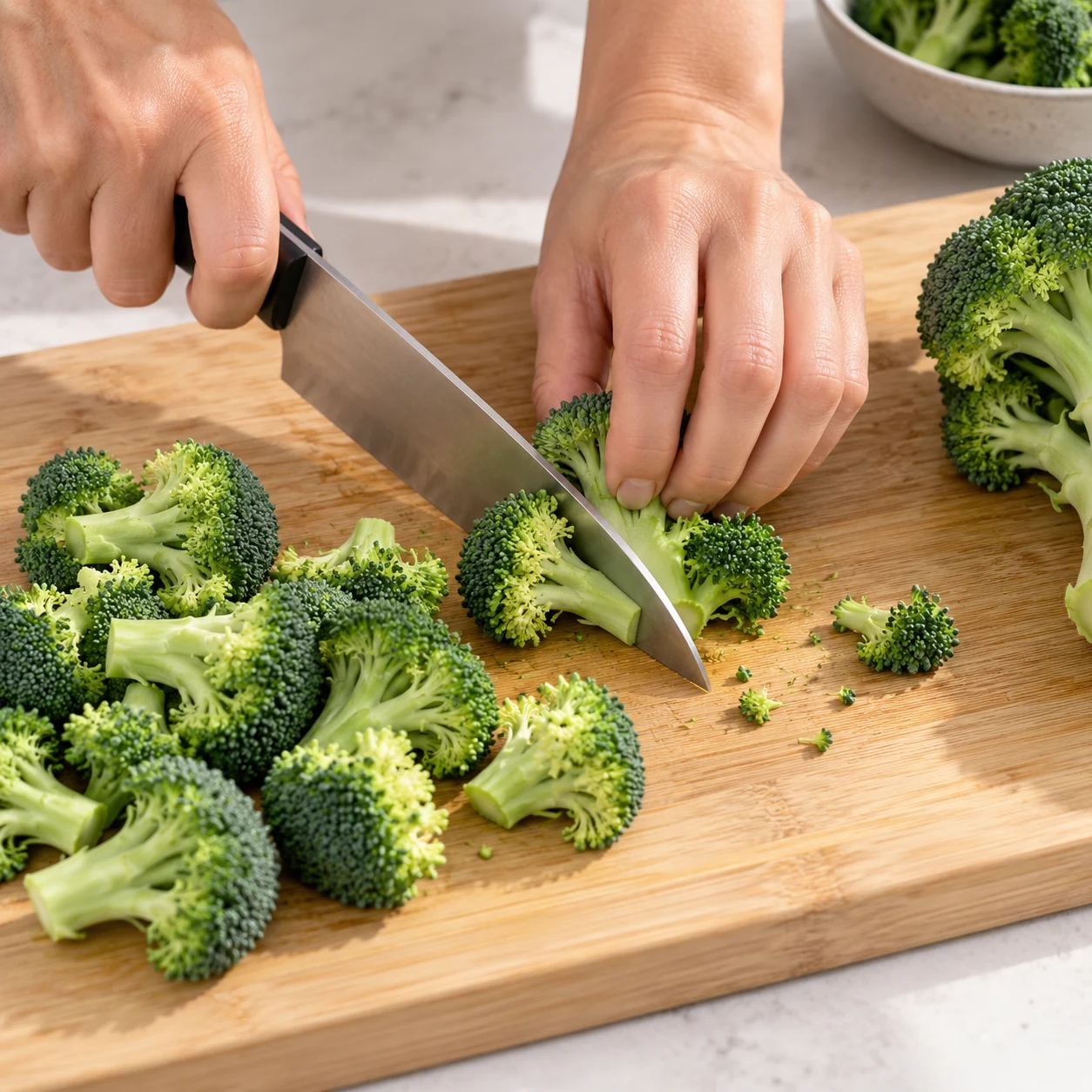 Coupe sûre de fleurettes de brocoli, main en griffe et lame lisible.