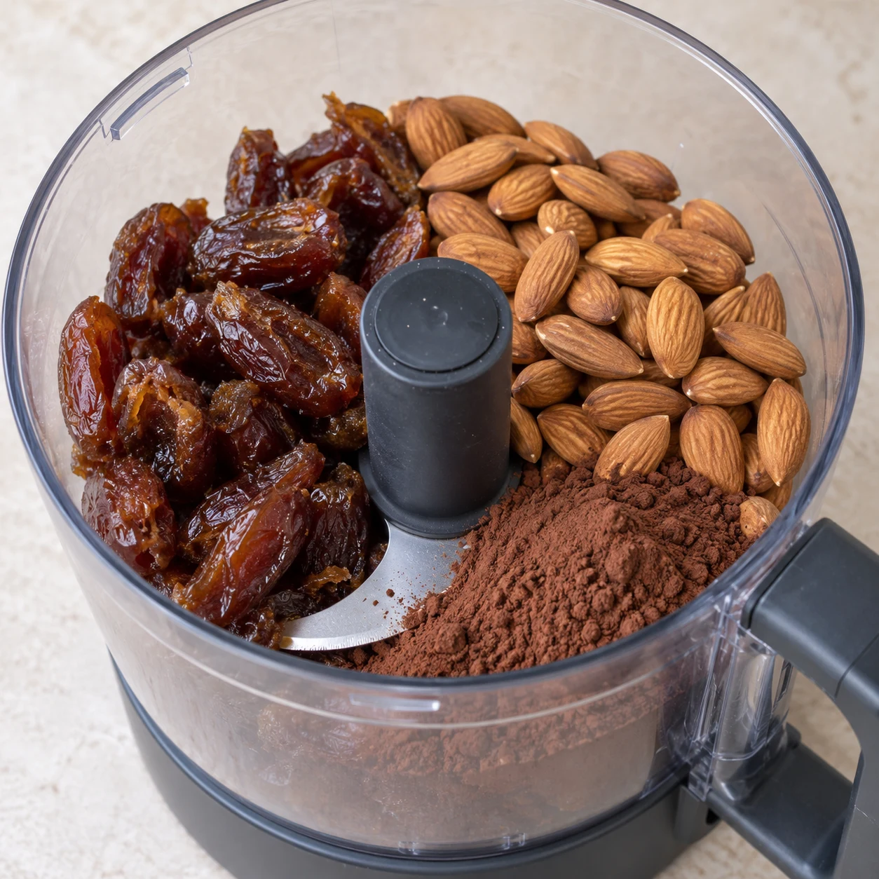 Cuve ouverte contenant des dattes, amandes et cacao ; pas encore de chocolat.