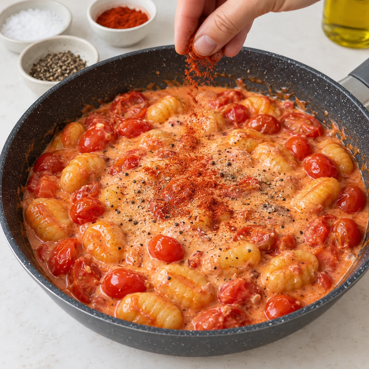 Une pincée de paprika tombe dans la sauce crémeuse.