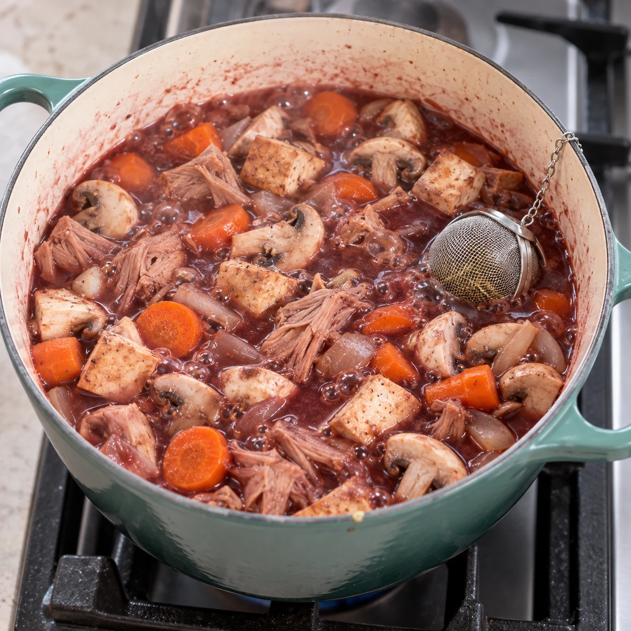 Fais cuire à feu moyen jusqu’à la mi-cuisson des 40 minutes annoncées, soit 20 minutes. Montrer seulement les ingrédients présents à cette étape, fidèles à la capture source, dans un cadre de livre de cuisine neutre sans visage, texte ni marque. Adaptation validée : représenter des champignons de Paris blancs et une boule à épices contenant les herbes de Provence, uniquement lorsqu’ils sont présents dans cette étape.