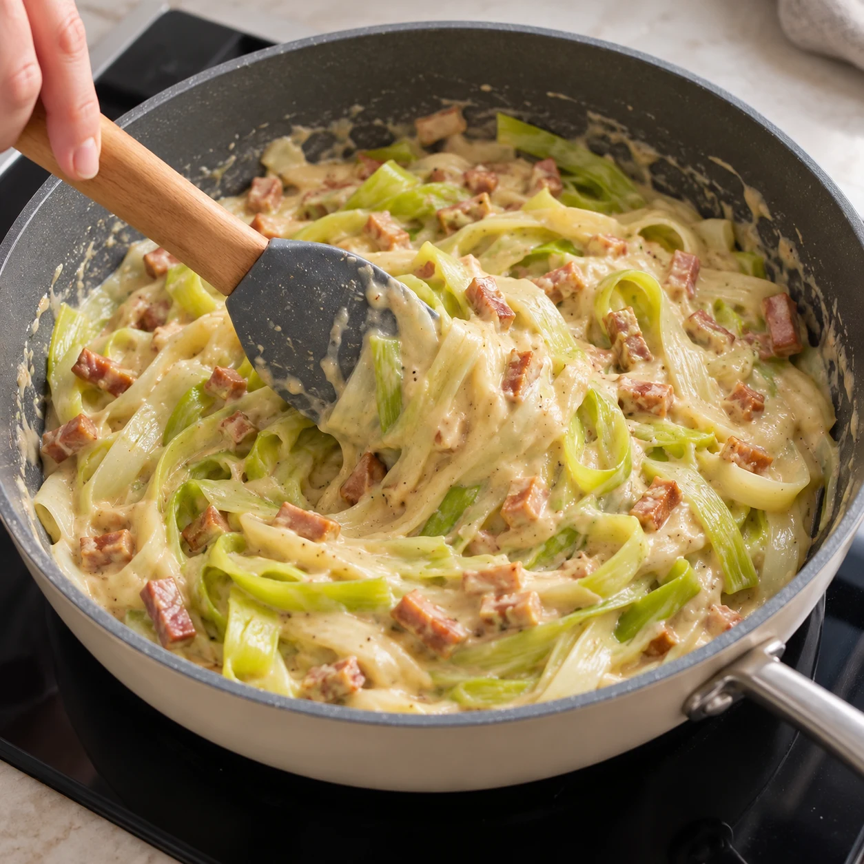 Spatule mélangeant longues lanières de poireaux et petits lardons végétaux dans une sauce beige crémeuse épaissie.