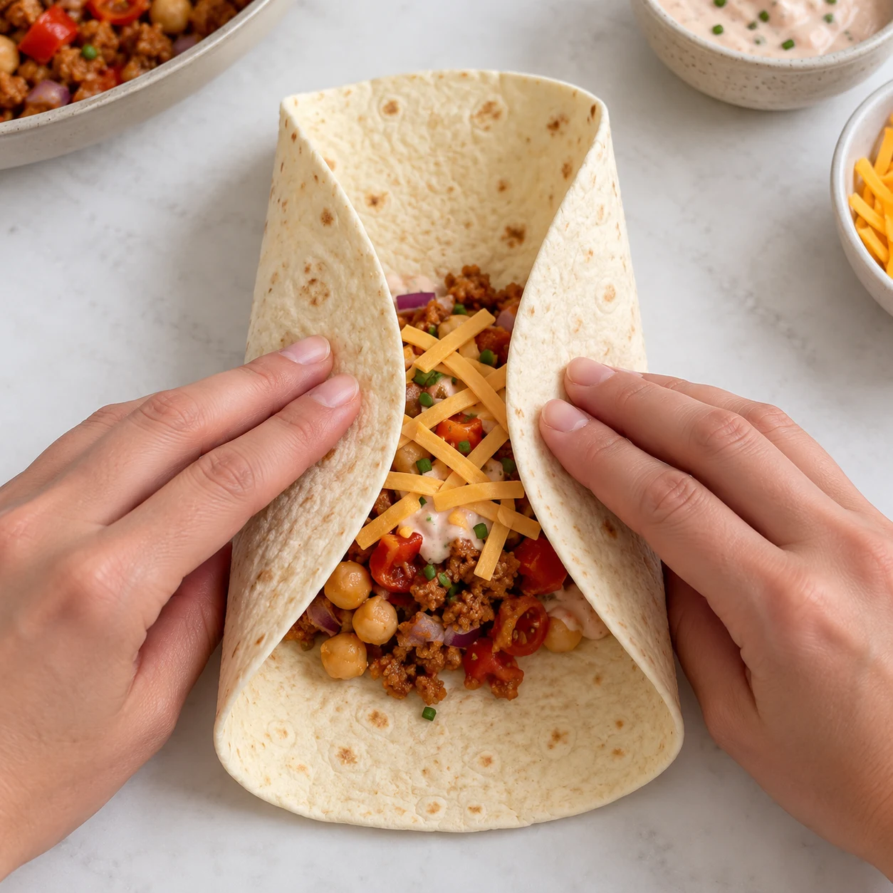 Rabattez les deux côtés de chaque tortilla vers le centre puis repliez le bord proche de vous sur la garniture. Roulez pour former un burrito fermé, jointure en dessous, comme dans la recette d’origine. Montrer uniquement la phase décrite et la variante végane aux pois chiches.