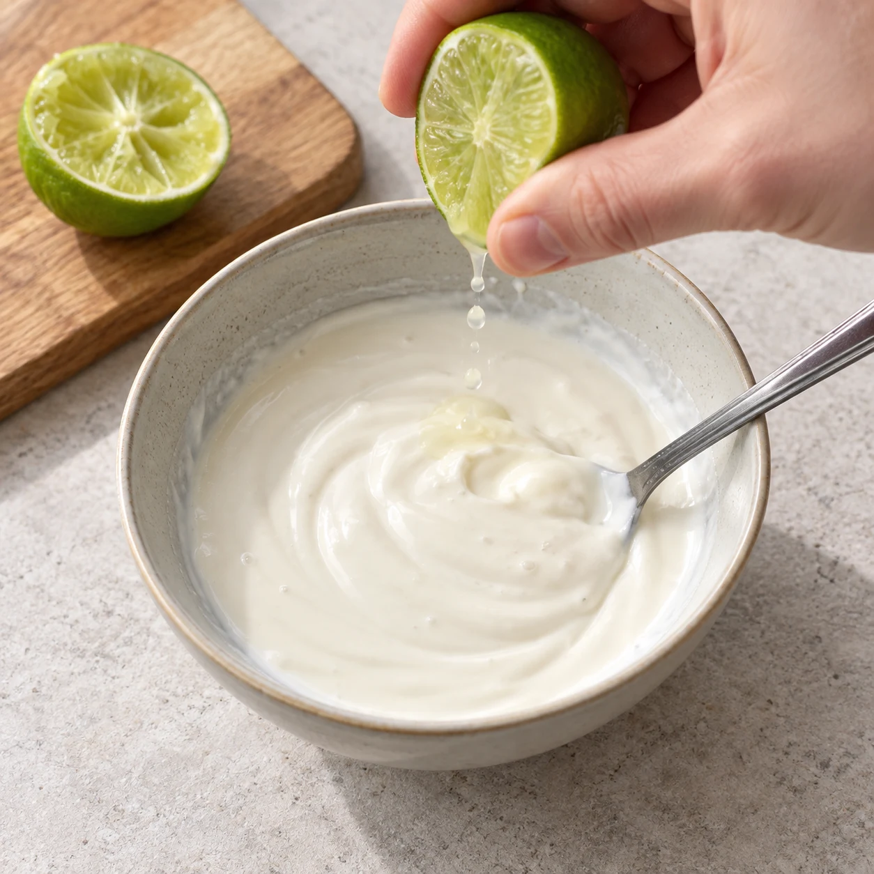 Crème de soja blanche dans un bol, ajout de jus d’un demi-citron vert puis mélange.