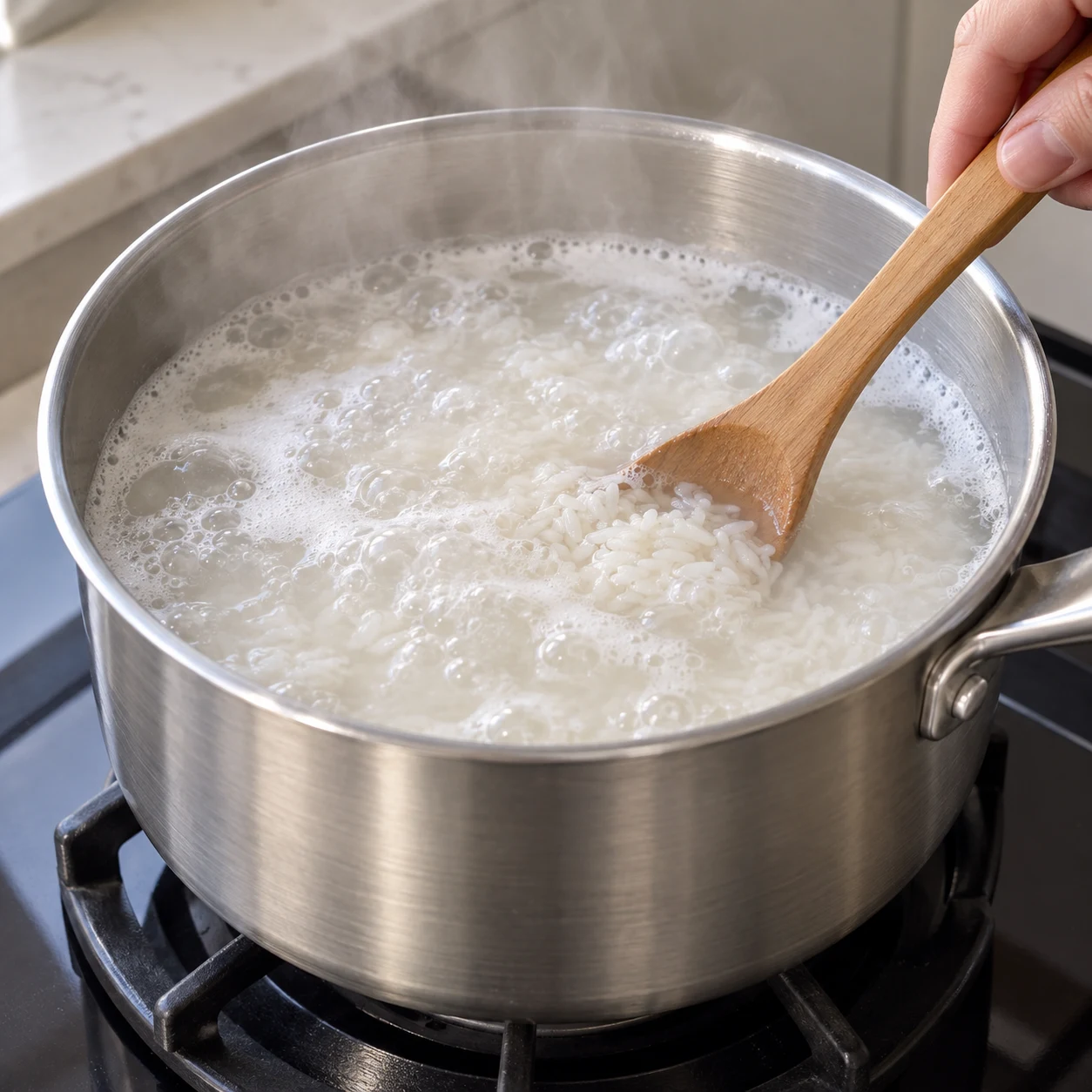 Casserole de riz blanc dans une eau bouillante légèrement trouble.