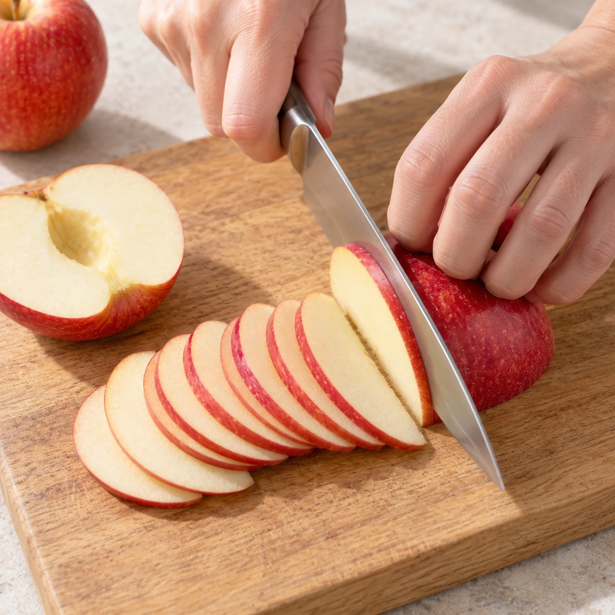 Main en griffe protégée derrière la lame, fines tranches de pomme rouge sur une planche stable.