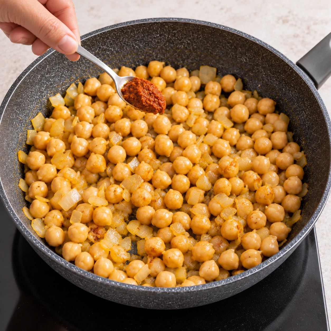 Main anonyme incorporant 6 g de pâte de curry doux aux pois chiches et à l’oignon, sans viande.