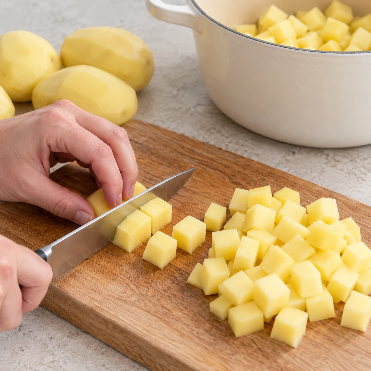 Photographie carrée de livre de recettes, une seule action : Couper les pommes de terre. Épluchez les pommes de terre et coupez-les en petits cubes réguliers, comme ceux visibles dans la recette d’origine. État attendu : Les cubes sont de taille régulière et ne portent plus de peau. Montrer exclusivement Pommes de terre. Cocotte émaillée crème et plan de travail pierre pâle, lumière naturelle. Le bacon, le cheddar et les laitages de la capture source sont remplacés par les ingrédients végétaux documentés. Aucun texte, marque, bijoux, visage, corps ou identité de la personne.