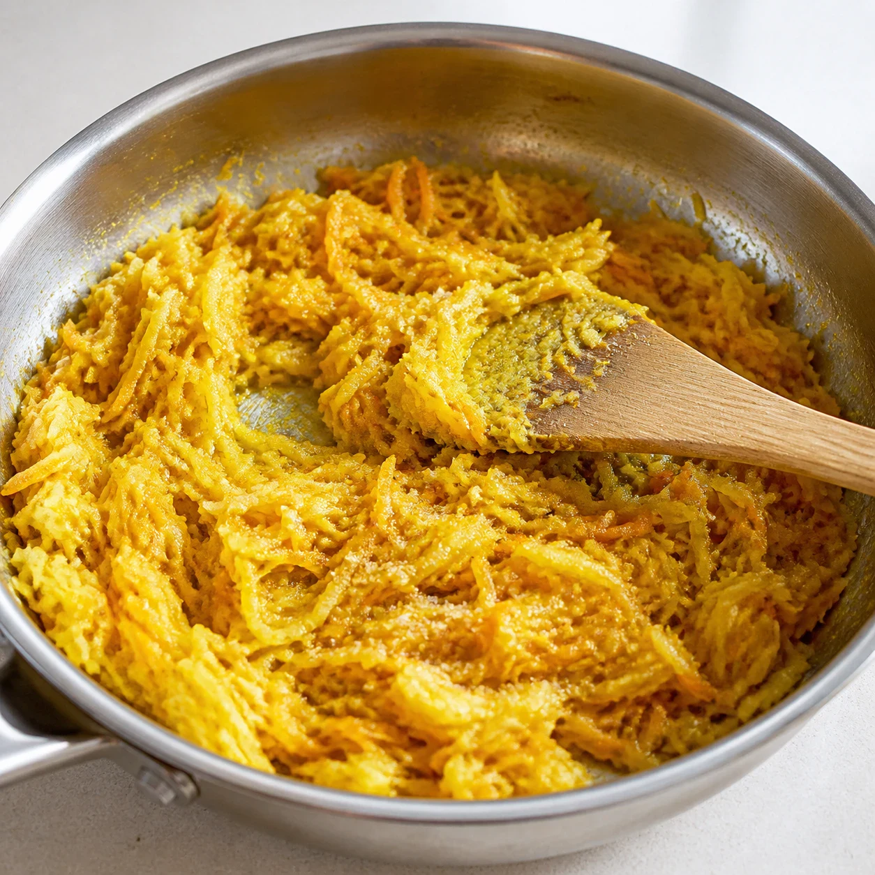 Poêle en inox contenant une farce de pomme de terre et de carotte râpées devenue jaune vif au curry en poudre, brillante d'un filet d'huile d'olive, une pincée de sel fin saupoudrée dessus. Aucune main, aucun texte, aucune marque.