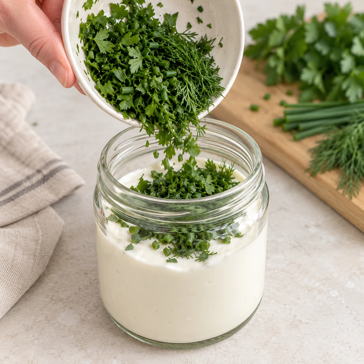 Verser les trois herbes hachées depuis une coupelle neutre dans le bocal.