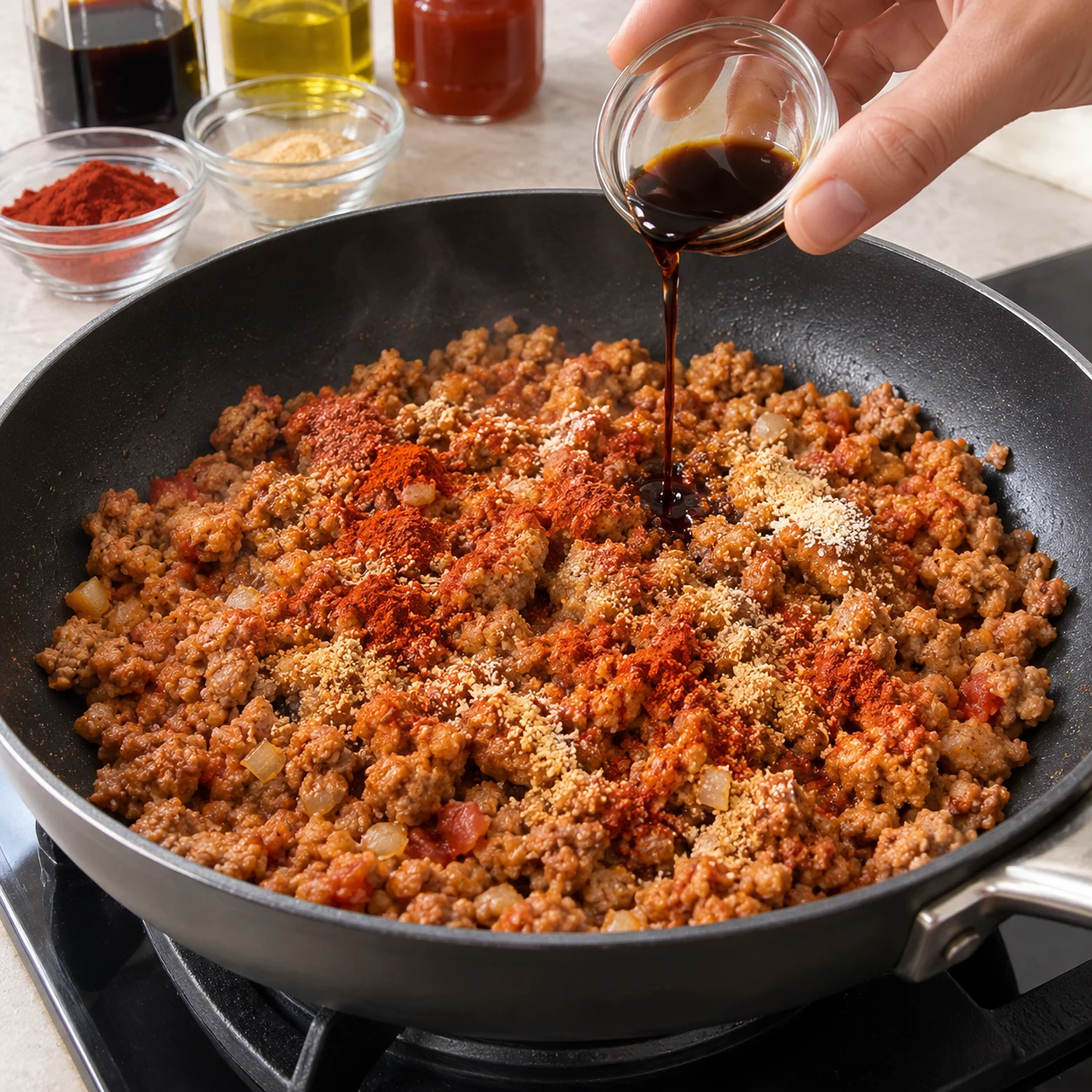 Ajoute 5,3 g de sauce soja salée supplémentaire, du paprika et de l’ail semoule selon le goût. Une seule phase, ingrédients de la variante uniquement.