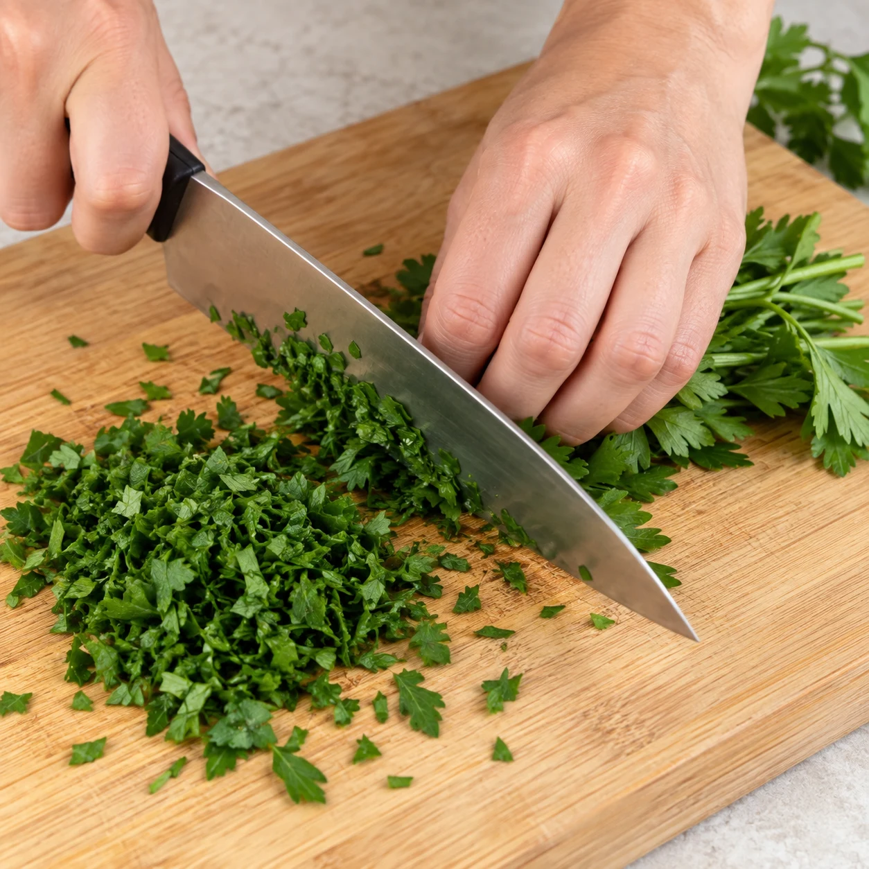 Hacher le demi-bouquet de persil pour la sauce. Une seule action, une seule phase de préparation, aucun texte ni personne identifiable.