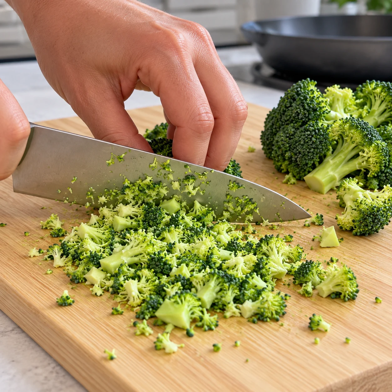 Hacher des fleurettes de brocoli frais en petits morceaux, prise en griffe et lame lisible.