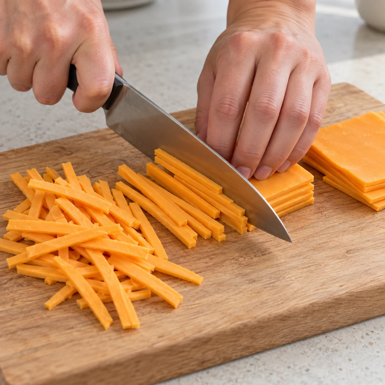 Main adulte anonyme sans bijoux en prise sûre qui émince des tranchettes végétales orange en fines lanières sur une planche, sans râpe.