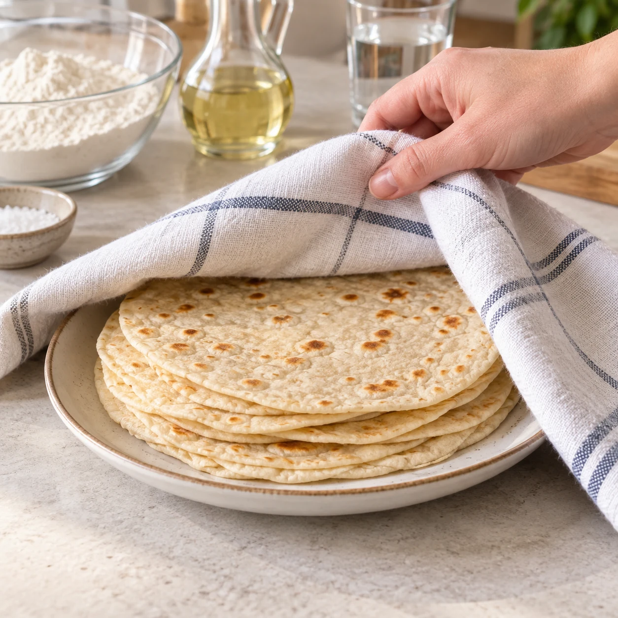 Empile les tortillas cuites dans une assiette et couvre-les avec un torchon propre.