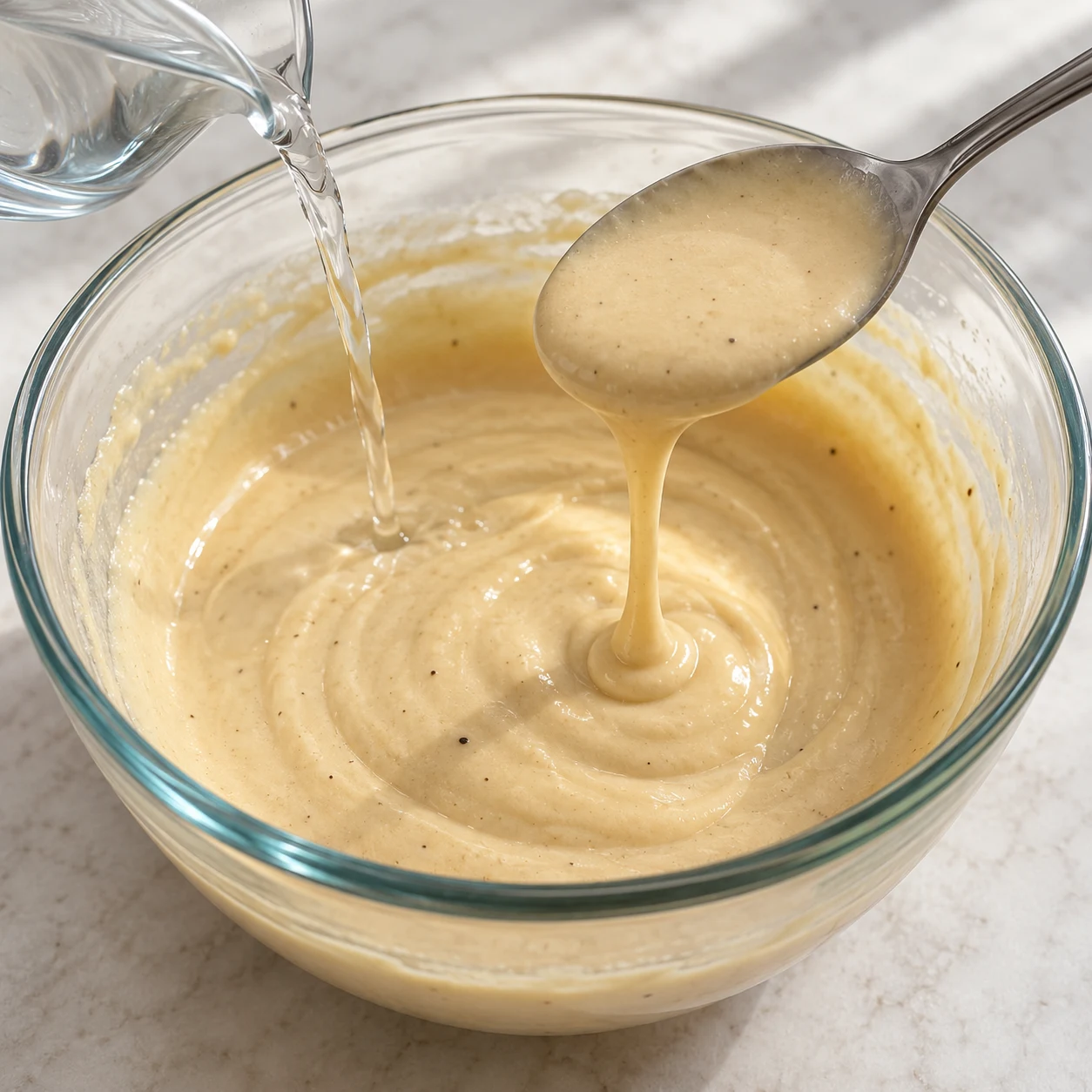 Un petit filet d’eau rejoint une sauce beige déjà mélangée.