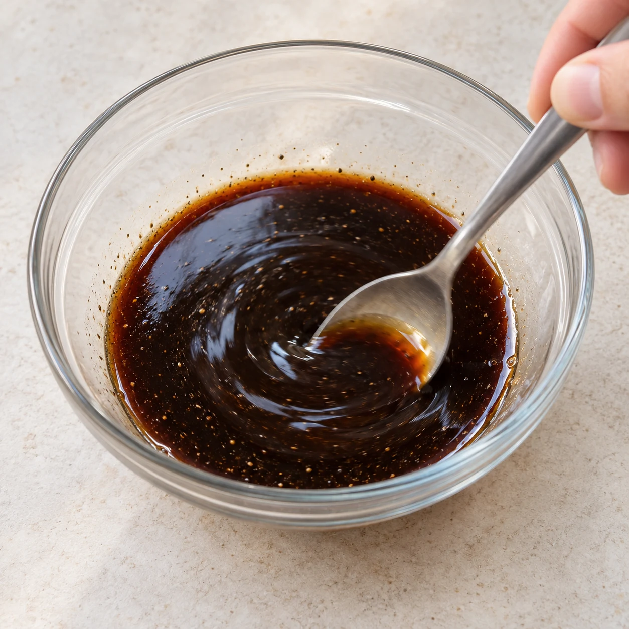 Dans un bol, mélange les 18 g de sauce soja salée pour l’umami, les 32 g de sauce soja salée, les 5,3 g de sauce soja sucrée, la càc d’huile de sésame, la càc de sucre et du poivre. Cette sauce adaptée est plus fluide et plus douce.