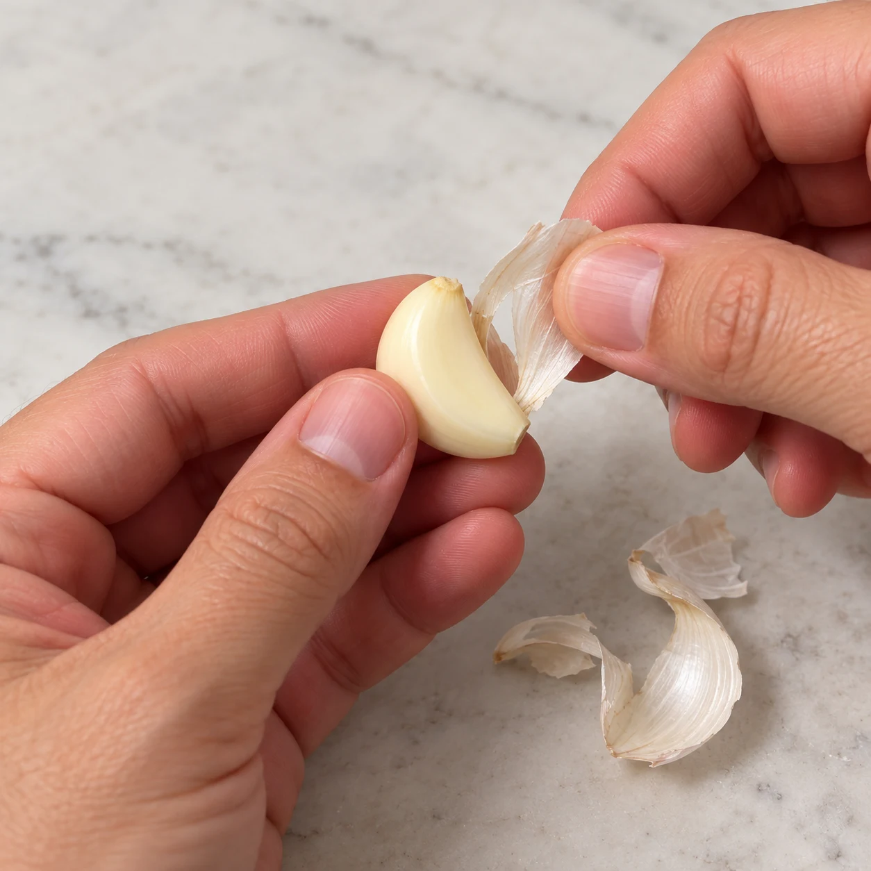 Éplucher la gousse d’ail destinée au houmous. Montrer seulement les ingrédients de cette phase, dans une mise en scène claire et anonyme.