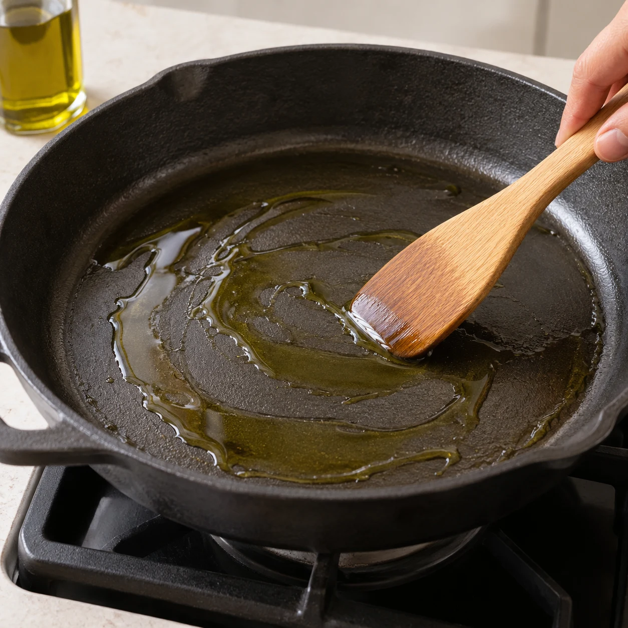 Poêle noire chauffée à feu moyen avec un peu d’huile d’olive uniquement, sans oignons ni ingrédients futurs.