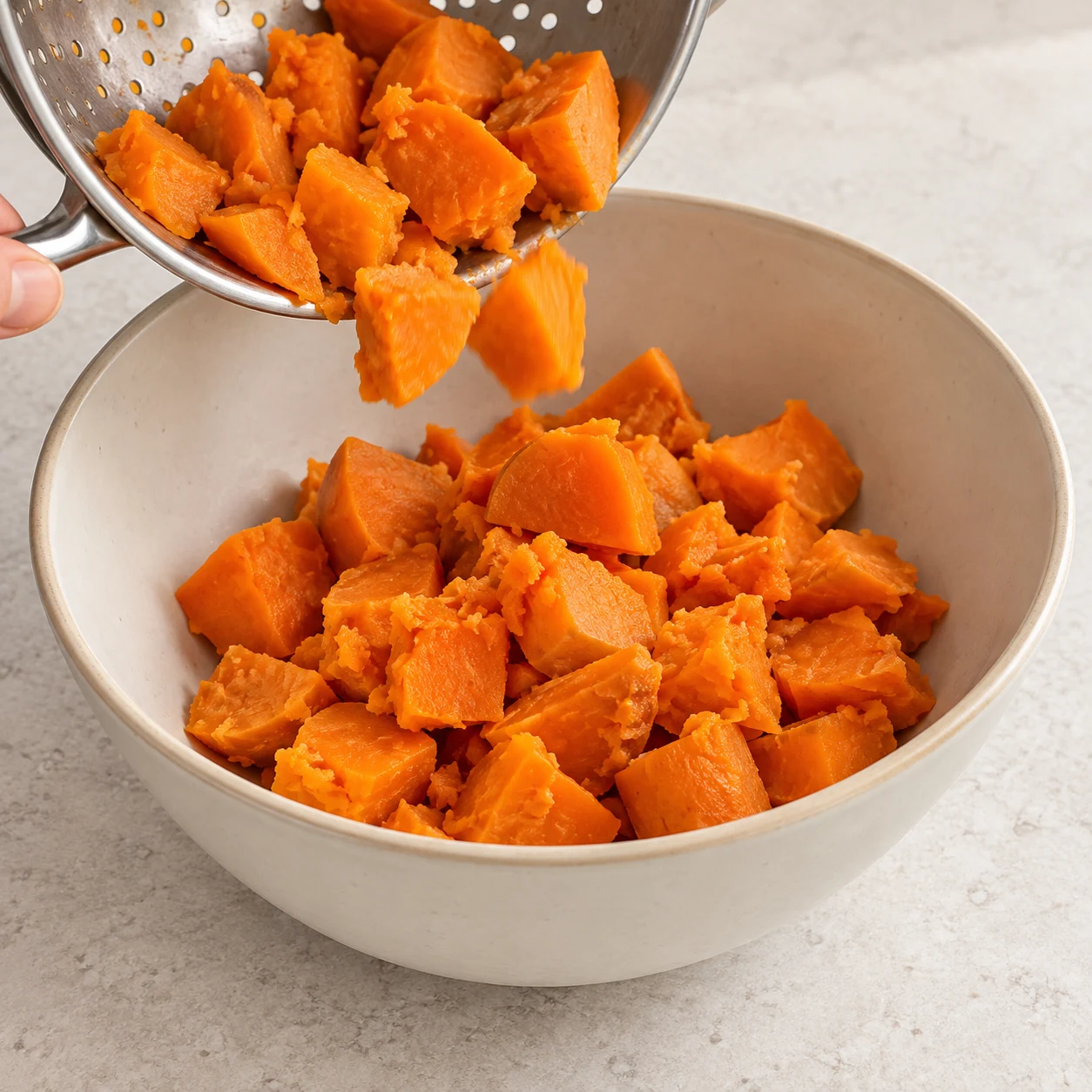 Morceaux de patate douce orange fondante égouttés dans un saladier neutre ; geste décrit par la recette d’origine.
