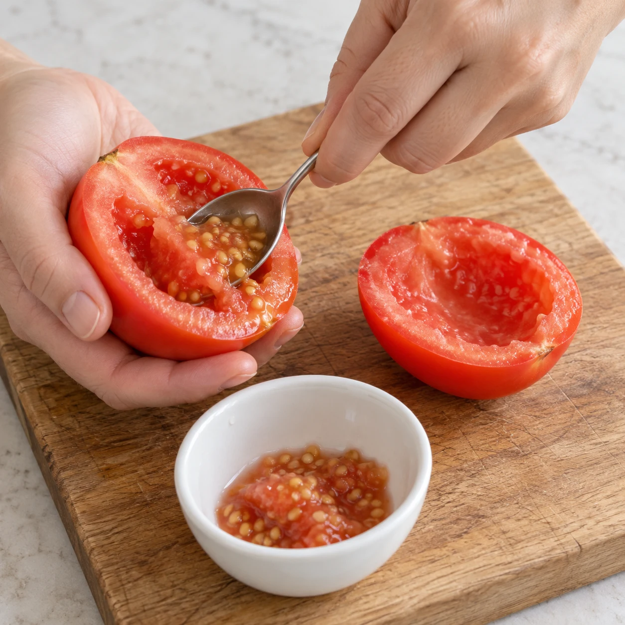 Une tomate ouverte, une cuillère retirant les pépins, mains adultes anonymes.