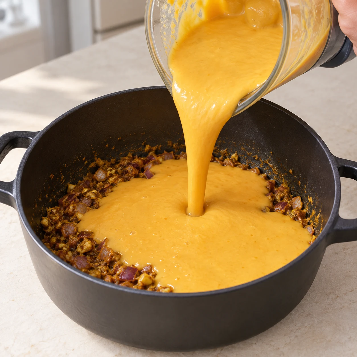 Sauce lisse jaune orangé versée du blender sans marque dans le fait-tout sur les aromates, aucune lentille.