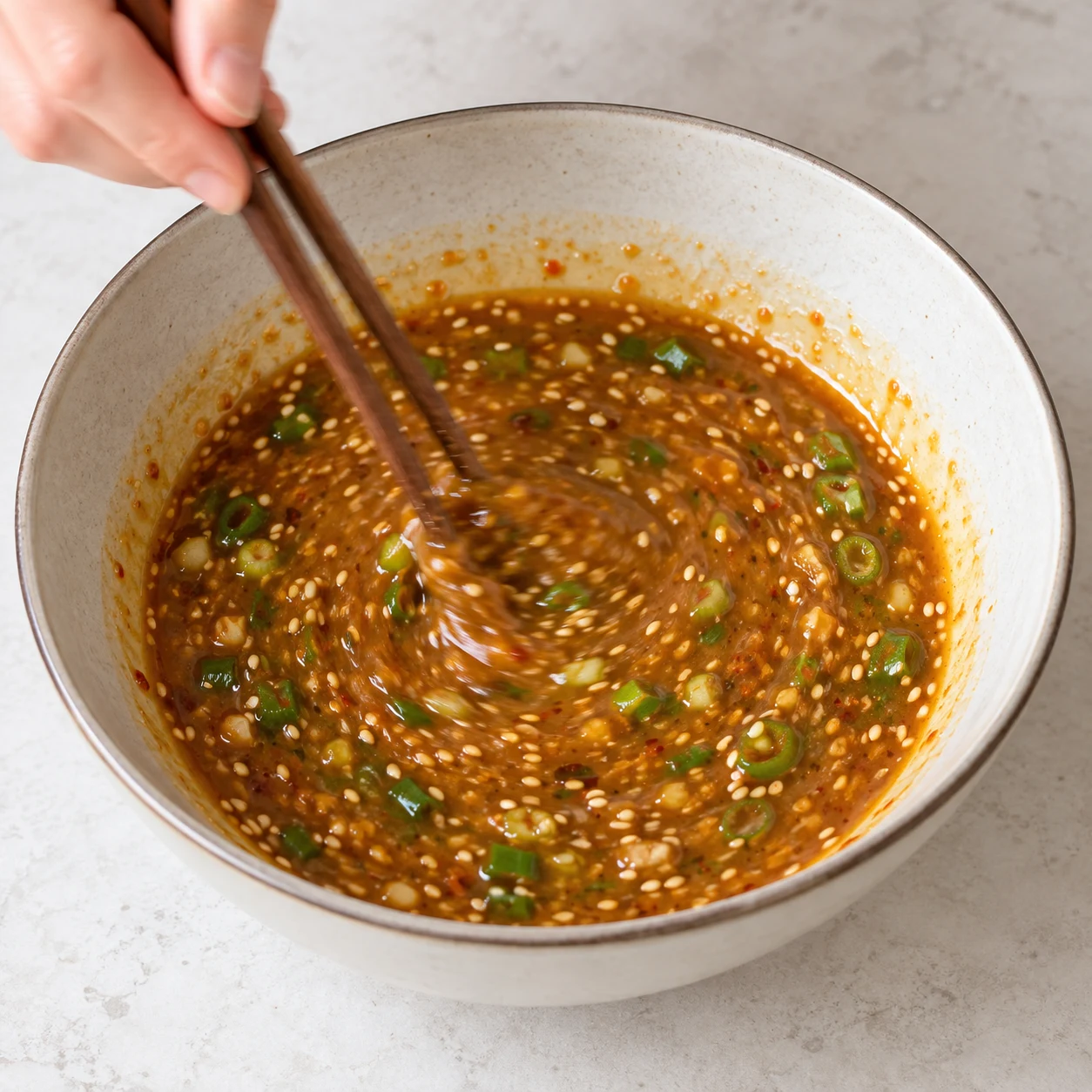 Sauce orange-brun fluide avec sésame et oignon nouveau dans un bol neutre, brassée aux baguettes par une main anonyme ; aucune nouille.