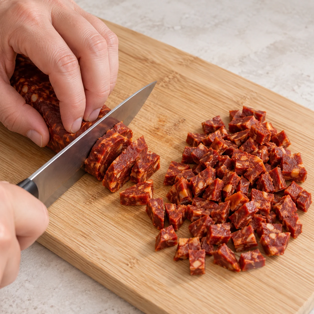 Couper le chorizo végétal. Les morceaux épicés sont petits et peuvent se répartir dans la pâte. Respecter la capture source ; chorizo et cheddar uniquement végétaux, aucune autre garniture.