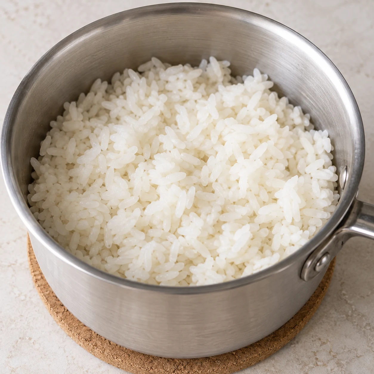 Riz blanc cuit aux grains tendres dans une casserole neutre, sans ingrédient ajouté.