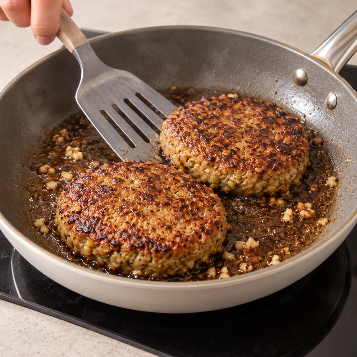 Les steaks végétaux sont dorés des deux côtés et cuits à cœur.