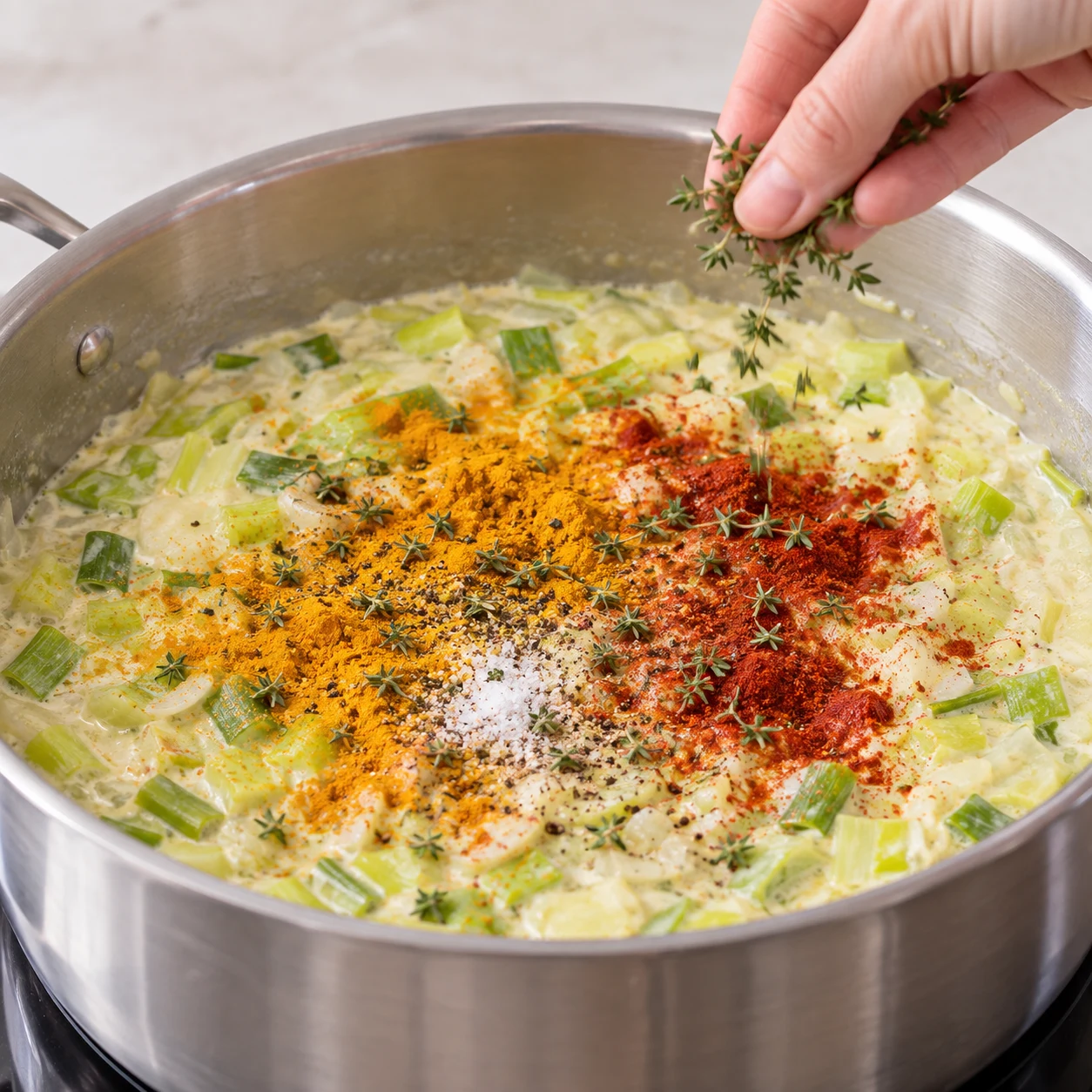 Ajoutez 1 cuillère à soupe de curcuma, 1 cuillère à soupe de paprika, du sel, du poivre et du thym au goût. Montrer seulement cet état, sans personne identifiable, visage, texte, logo ni ingrédient futur.