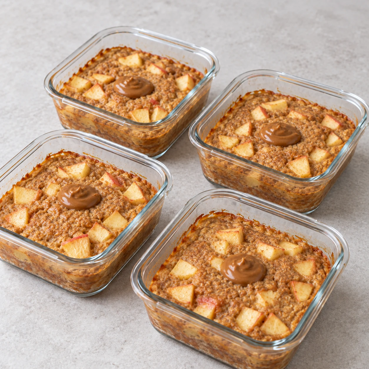 Quatre bowls cuits aux petits morceaux de pomme et petite garniture de spéculoos, ouverts et posés sur un plan de travail pierre pâle, sans vapeur et sans mains.