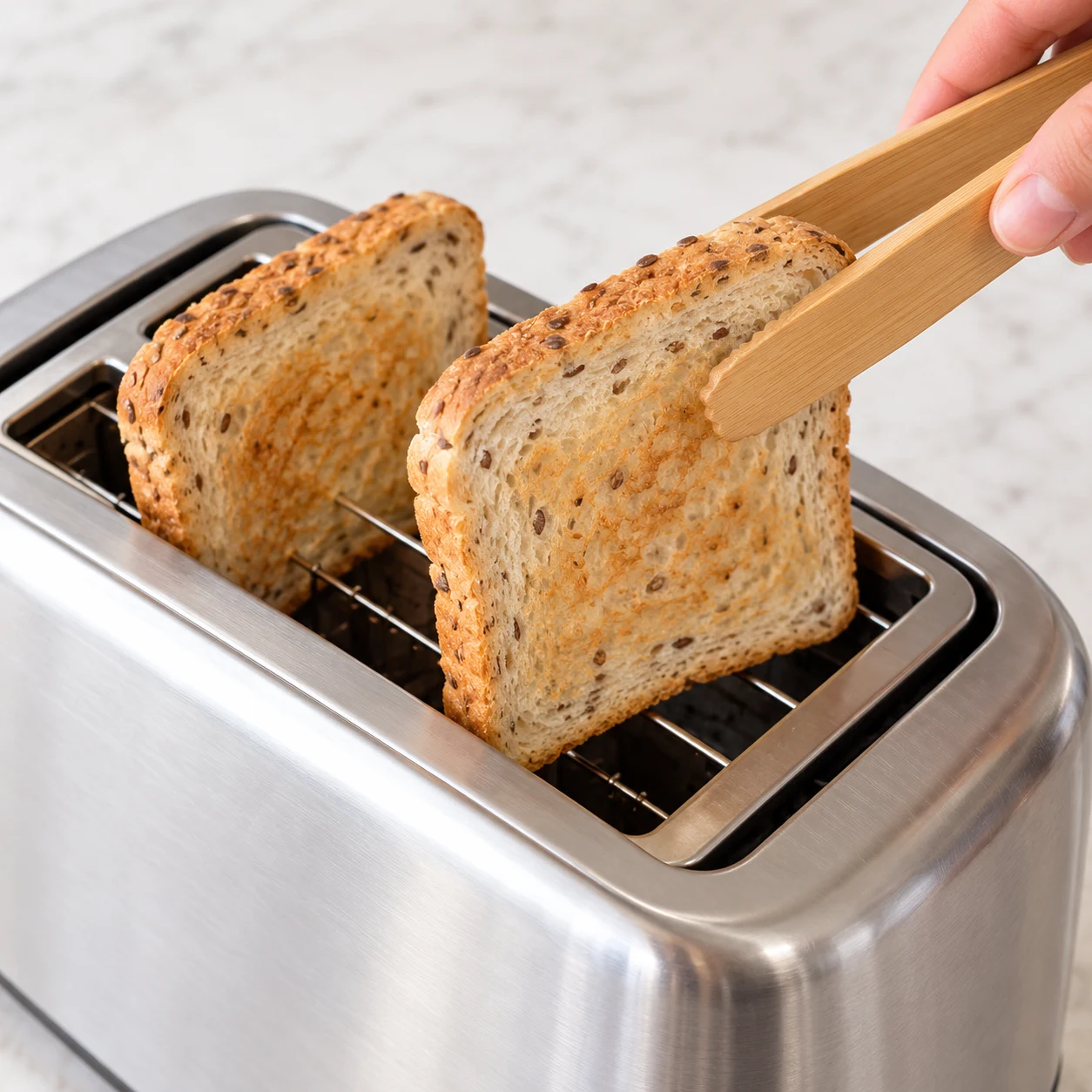 Deux tranches de pain de mie aux céréales légèrement toastées, pince les retirant du grille-pain.