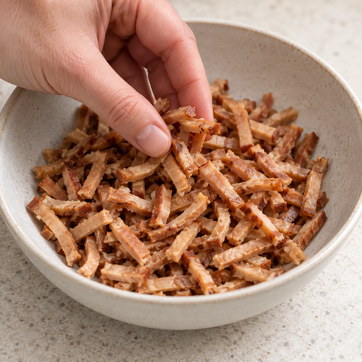 Main anonyme séparant des petits lardons végétaux fumés beige brun dans un bol neutre ; aucune découpe de jambon ou tofu.